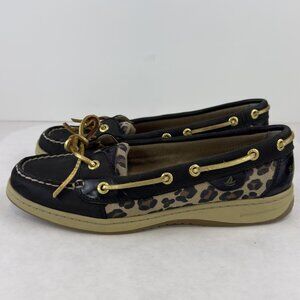 Sperry Top Sider Angelfish Boat Shoes Womens Size 8M Black Leopard Leather Upper